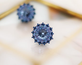 Dark blue Swarovski stud earrings / Beaded crystal earrings / Seed bead earrings with silver studs / Minimalist something blue earrings
