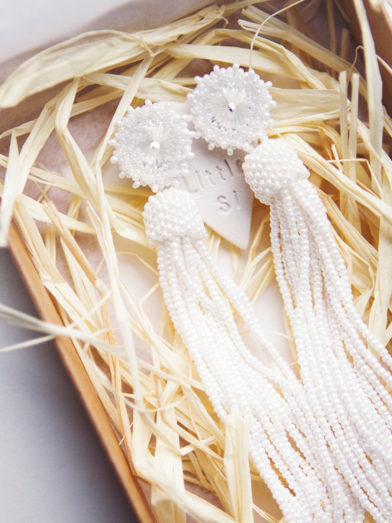 Pearl white tassel earrings White beaded tassel earrings Long Etsy