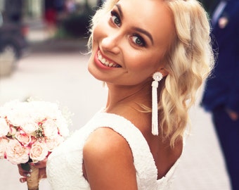 White Beaded Tassel Earrings | Swarovski Crystal Bridal Jewelry