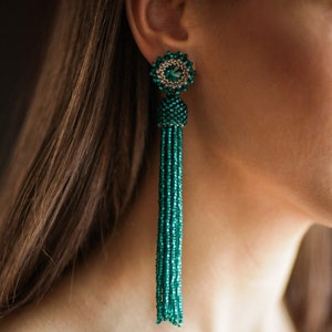 Emerald green beaded tassel earrings with Swarovski crystals / Long statement dangle seed bead earrings / Bohemian drop earrings with studs