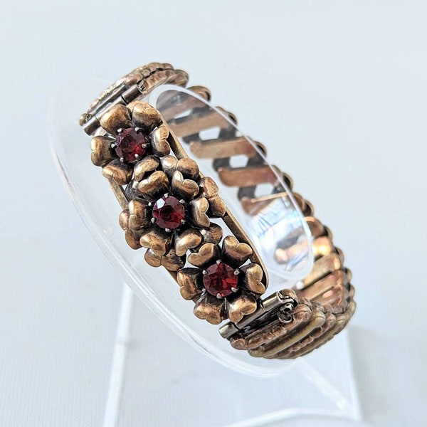 SALE *** Lustern 12k & Sterling Cuff Stretch Bracelet with Red Topaz Jeweled Flowers