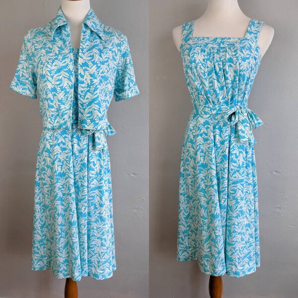 CLEARANCE *** Fun and Flirty Vintage Jersey Knit Lilly of the Valley Sundress and Bolero Set with Belt Tie