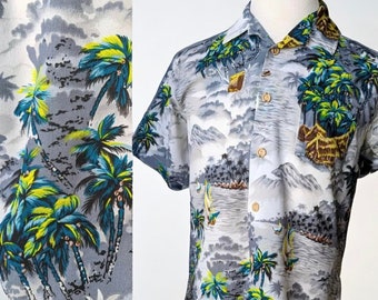 Royal Islander Polyester Crepe Gray Village Scene Hawaiian Shirt