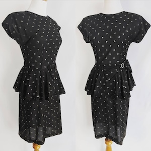 CLEARANCE *** Flirty Vintage Black Peplum Dress with Silver Glitter Polkadots