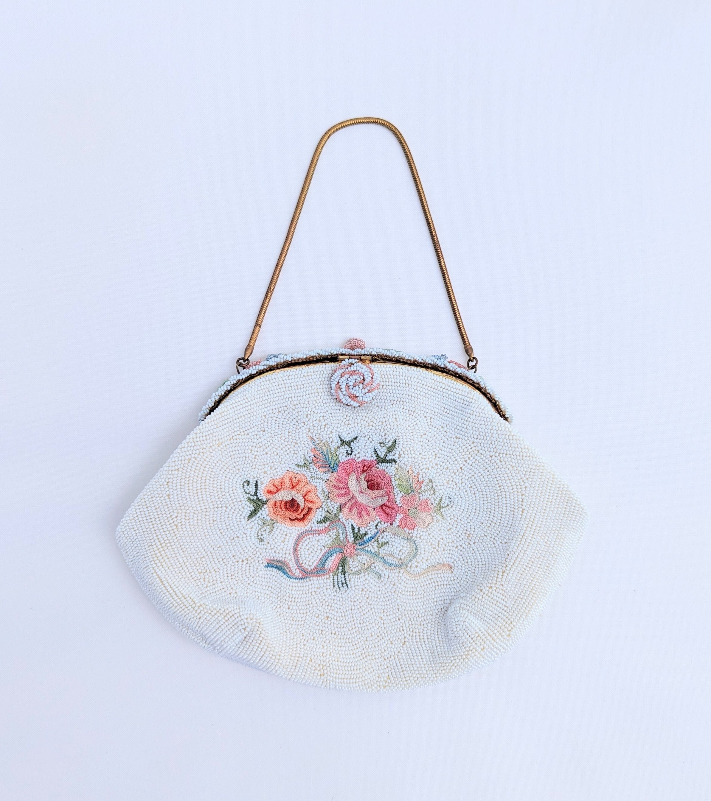 Vintage Beaded Embroidered Tambour Purse Embroidery Hand Bag Made In Italy