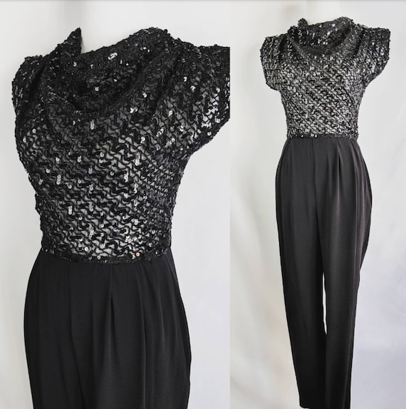 SALE Fantastic Vintage Sheer Black Sequin Jumpsuit