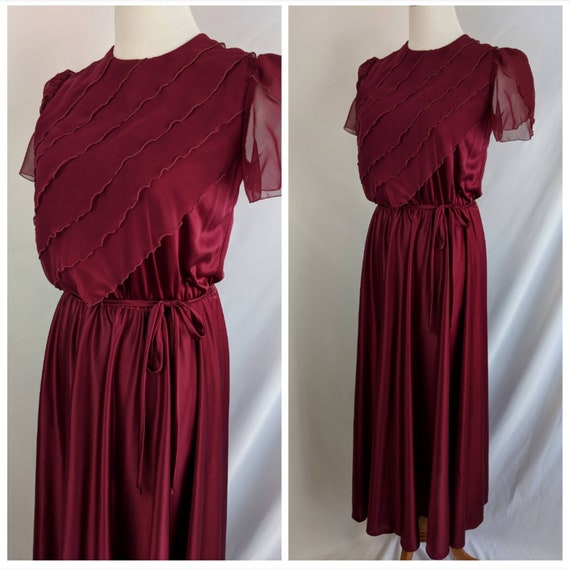 SALE *** Vintage Maroon Dress with Sheer Ruffle B… - image 1