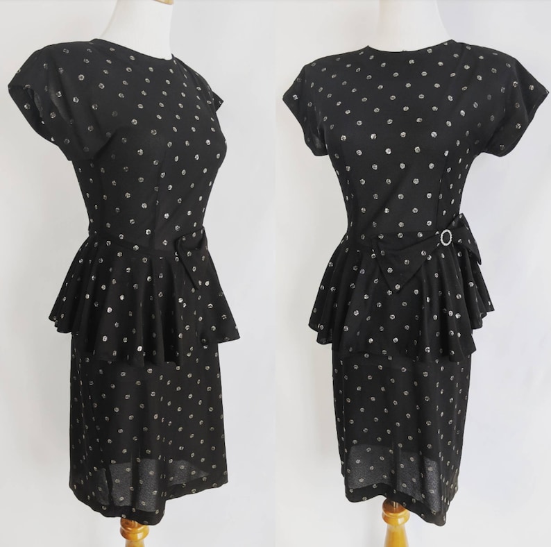 Flirty Vintage Black Peplum Dress with Silver Glitter Polkadots