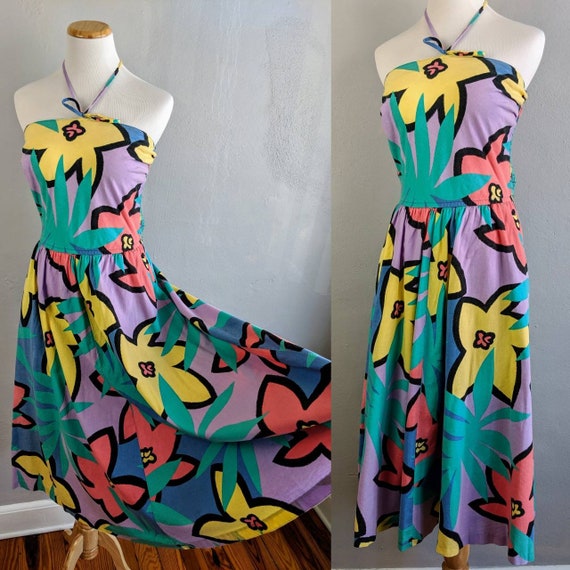 Vintage 80s Hawaiian Fit and Flare Smocked Halter