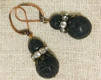 Black Lava Earrings, Copper Lever Backs, Raw Porous Aromatherapy Essential Oils Diffuser Stones