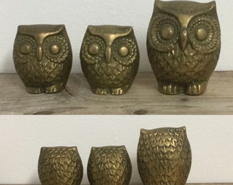 Vintage Solid Brass Owl Family Figurines 3 Bird Ornaments