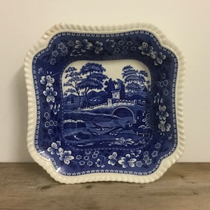 Copeland Spodes Tower Blue and White Square Bowl Antique English Farmhouse Country Kitchen, 9 inch/23 cm