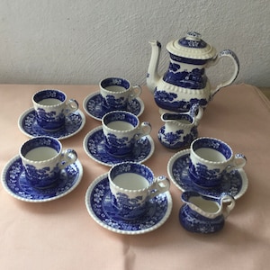 Könnte beinhalten: Ein blaues und weißes Teeservice mit Teekanne, Milchkännchen und sechs Tassen und Untertassen. Das Set zeigt ein Blumenmuster in einem blau-weißen Farbschema.