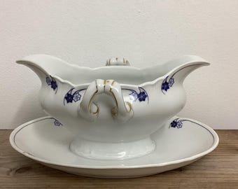 Salsera Hutschenreuther antigua, años 20, azul y blanca, fabricada en Alemania.