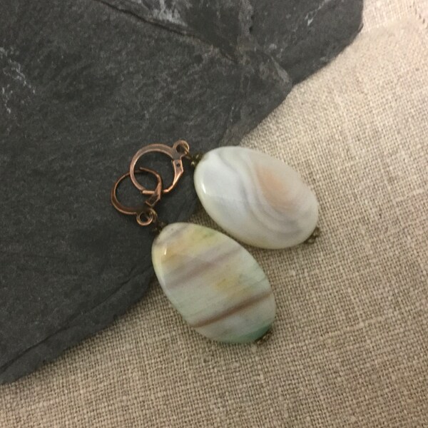 Agate Earrings, Genuine Gemstone Statement Copper Huggies Lever Back Fasteners, Tactile Stones