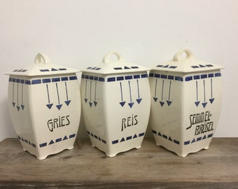 Old Antique Shabby Storage Jars 3 Lidded Kitchen Containers Canisters Art Nouveau Kitchen