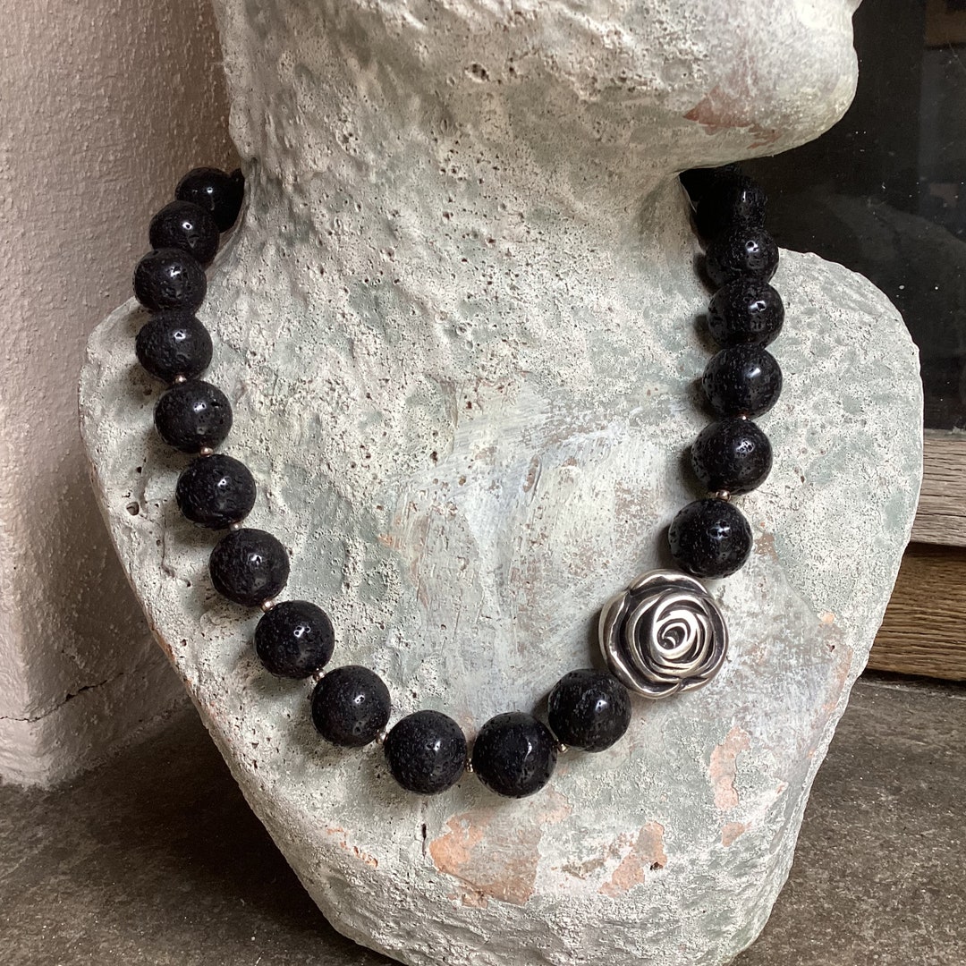 •LINKED• black lava + silver necklace (ADJ to 20
