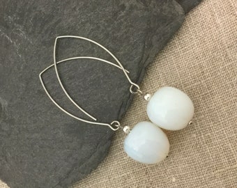 White Earrings Long Summer Earrings White Matt Opalite Glass