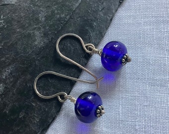 Royal Blue Bohemian Glass Earrings Silver Fasteners Minimalist Design