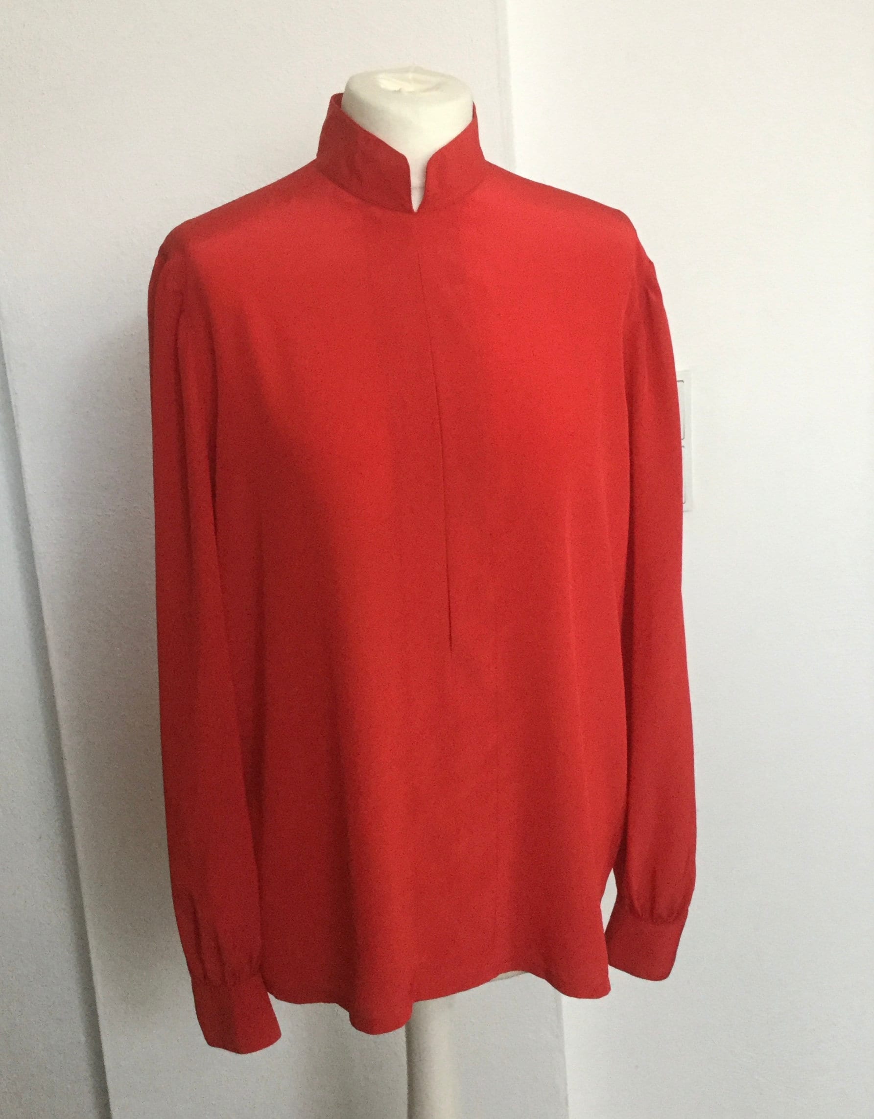 Red Polyester Blouse 80s Mandarin Collar High Neck. Crimson | Etsy