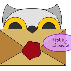 May include: A brown envelope with a red wax seal and a white owl peeking out from the top. The envelope has the text "Hobby License" written on it in purple.