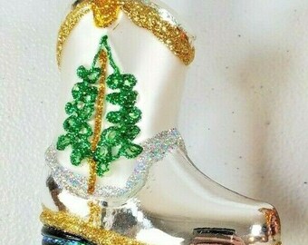 CHRISTMAS COWGIRL BOOT OLD WORLD CHRISTMAS COUNTRY WESTERN GLASS ORNAMENT 32160 
