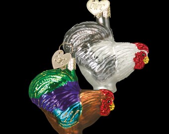 Miniature Rooster Ornaments, Set of 2 Roosters, Old World Christmas Ornament