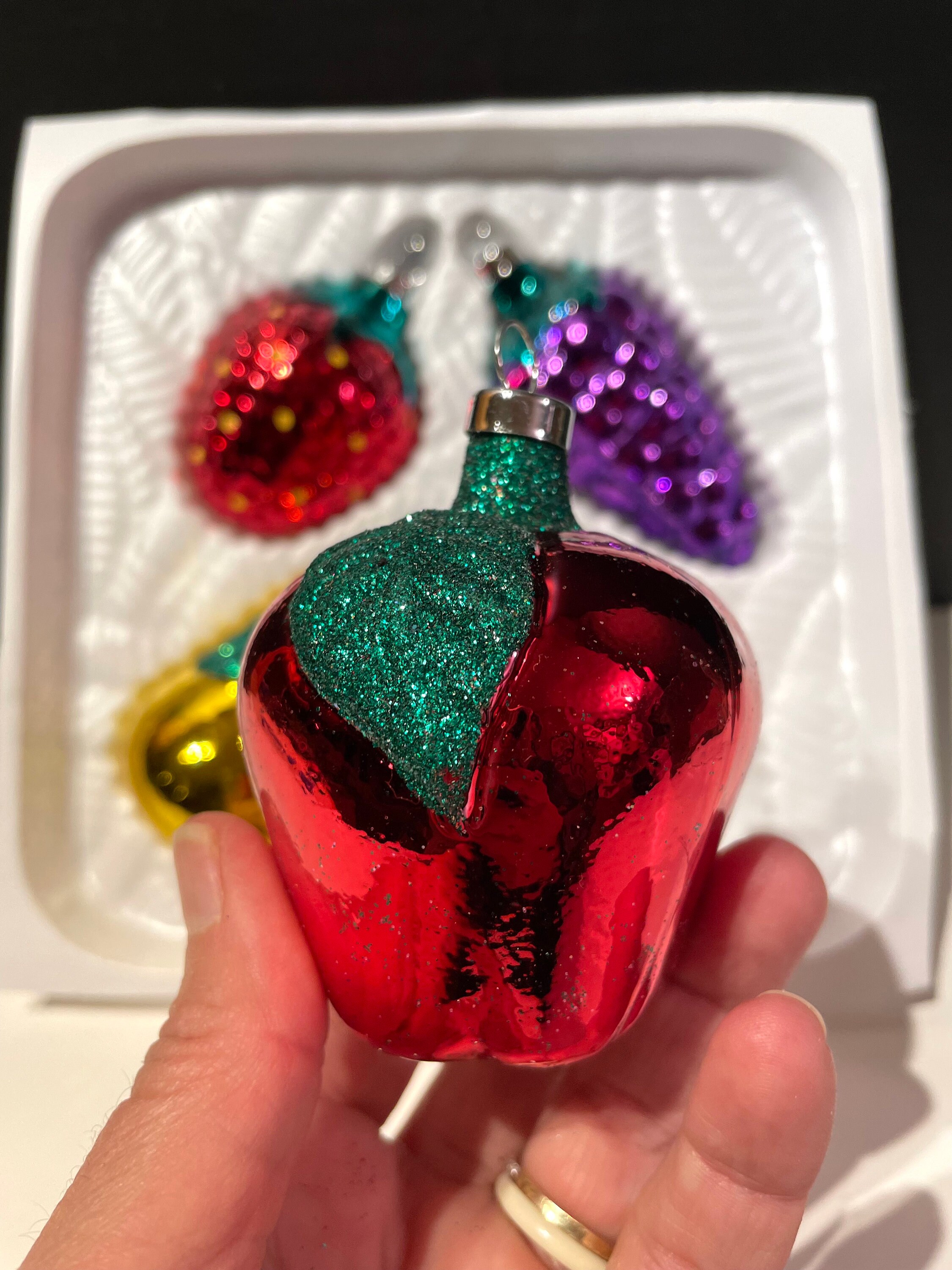 Set of 3  Red Glitter Strawberry Blown Glass Christmas Tree Ornaments  Poland 