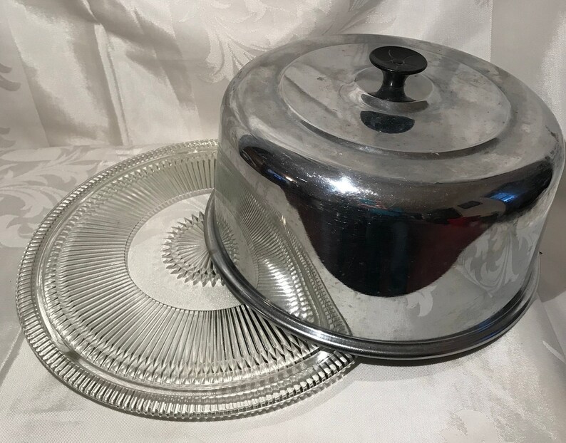 Glass Cake Plate And Metal Covervintage Cake Keeper Birthday Etsy