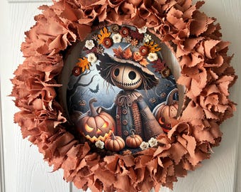 Scarecrow Wreath, Autumn Front Door Wreath, Farmhouse Harvest Decor, Thanksgiving Door Hanger, Halloween Front Door Decor, Fall Decoration