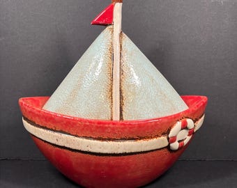 Vtg Sailboat Container and Lid Nautical Art Decor Boat Trinket Dish Ocean Sea