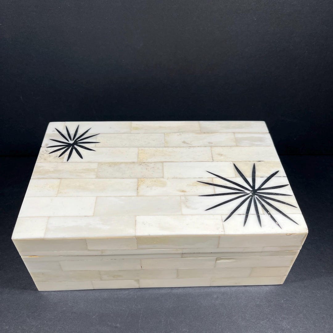 Cream Tile Box and Lid Black Abstract Flowers Rectangle Cigar Stash ...