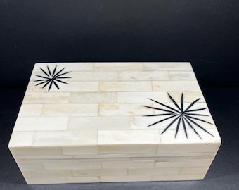 Cream Tile Box and Lid Black Abstract Flowers Rectangle Cigar Stash Storage