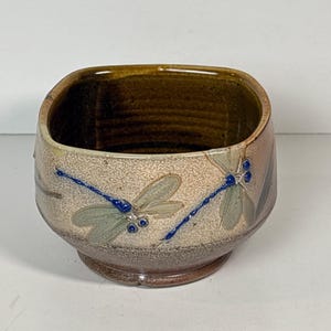 May include: A rounded ceramic bowl with a speckled beige and brown glaze. The exterior features two embossed dragonfly designs with bright blue bodies and translucent wings. The interior of the bowl has a smooth, dark brown glazed finish.