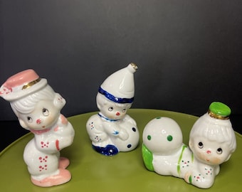Vintage Cute Clown Figurines Playing Wide Eyed Whimsical Set 3 Porcelain Taiwan