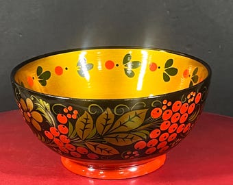Vtg USSR Russian Folk Art Handpainted Wooden Bowl Khokhloma Lacquerware Red Gold