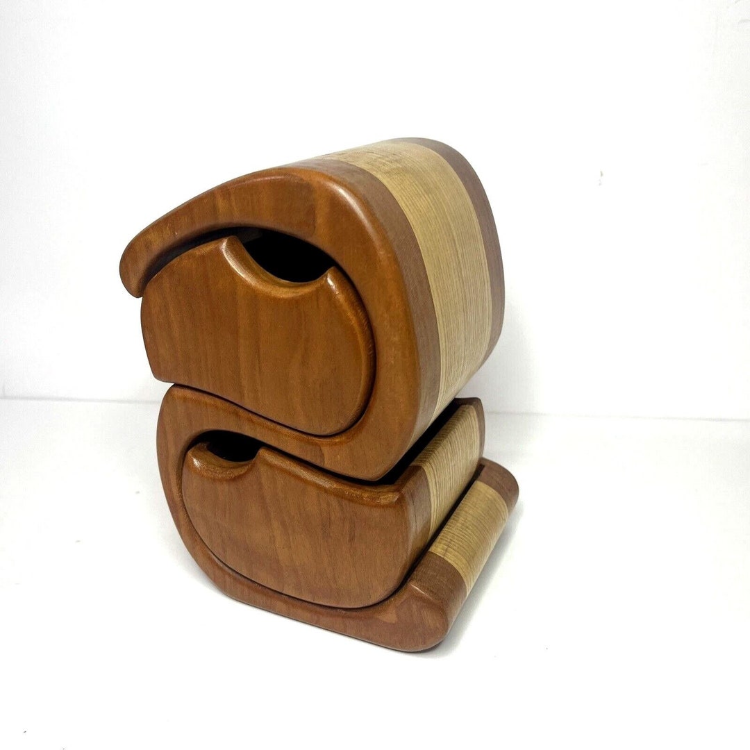 Solid 2 Tone Wood Curved Jewelry Box Handcrafted 2 Drawer Signed ...