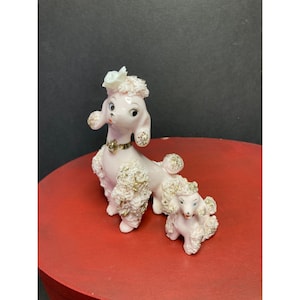 Vintage Cute Pink Spaghetti Poodle Dog Figurine 50s Style Mom Puppy Shelf Sitter