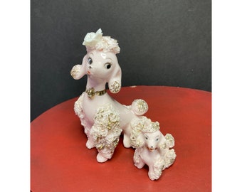 Vintage Cute Pink Spaghetti Poodle Dog Figurine 50s Style Mom Puppy Shelf Sitter