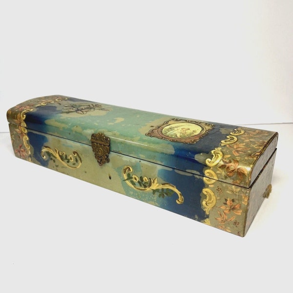 Victorian Era Glove Dresser Box Celluloid Wood Blue Flowers Angel Pink Lining