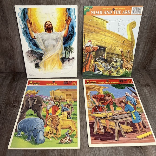 Vtg Lot De 4 Puzzles Bibliques Pour Enfants Cadre Plateau Carton Jésus Noé Joseph