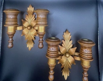 Vtg Wood Copper Tone Metal Double Wall Sconces 70s Vibe Set 2 Candle Holders