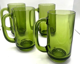 70s Vibe Avocado Green Glass Beer Mugs Set 4 D Handle Barware Drinkware (A)