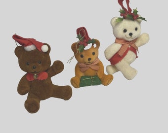Vintage Flocked Teddy Bear Ornaments Christmas Set 3 Hat Sitting Dancing