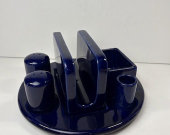 Vtg Cobalt Blue Ceramic Conditment Set and Tray MCM Style 6 pcs