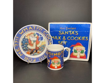 Mary Engelbreit Santa’s Milk & Cookies Set in Box Plate Mug Vintage Christmas