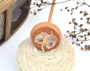 Top Whorl Drop Spindle With Wool | 32.5cm Hand Carved Wood | Weaving Crochet Felting Tool