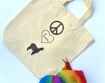 Hand Stamped Canvas Tote Project Bag- Peace Love Alpacas