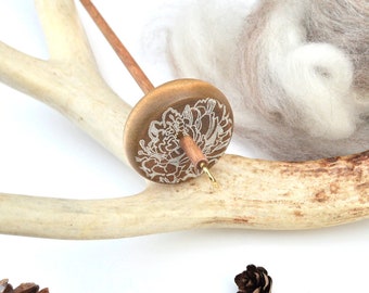 Floral Wooden Drop Spindle, Top Whorl Drop Spindle, Wood Drop Spindle, Beginner Drop Spindle Kit