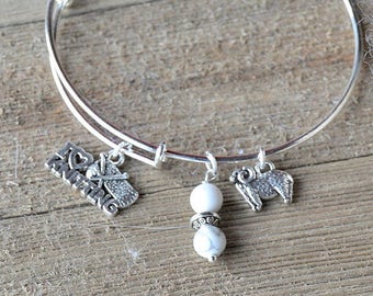 Custom I Love Knitting Bracelet, Sheep, Goat, Alpaca Bracelet, Fiber Animal Charm Bangle, Spinning Wheel Charm